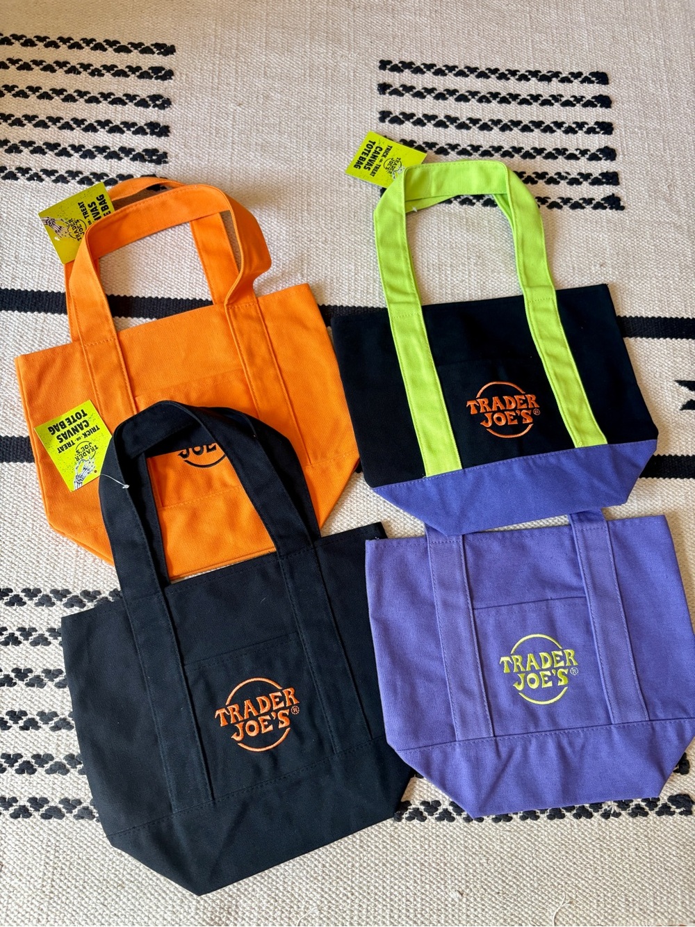 Trader Joe's Colorful Canvas Tote Set - Orange, Black, Lime & Purple Halloween